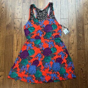 Volcom Juniors Take Me Home Tank Dress Bright Floral Lace Panels Sundress XL